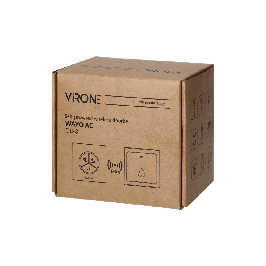 WAYO AC wireless doorbell, 230V with battery-less button, learning system, 25 ringtones, 80m